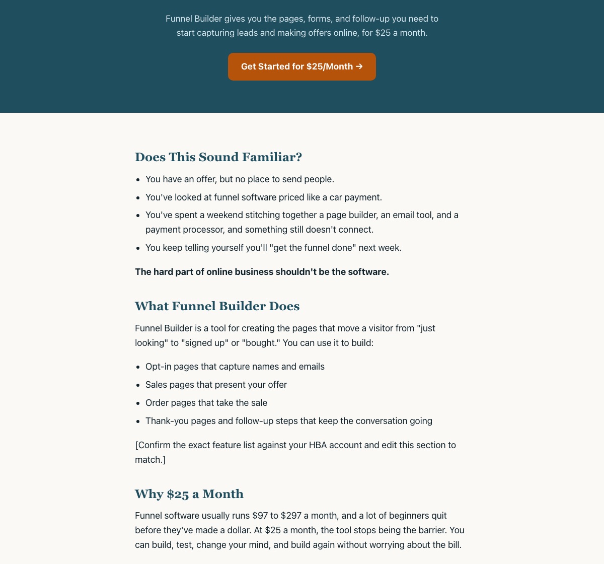 Claude's unedited sales page draft for HBA Funnel Builder, with a bracketed note reading Confirm the exact feature list against your HBA account and edit this section to match