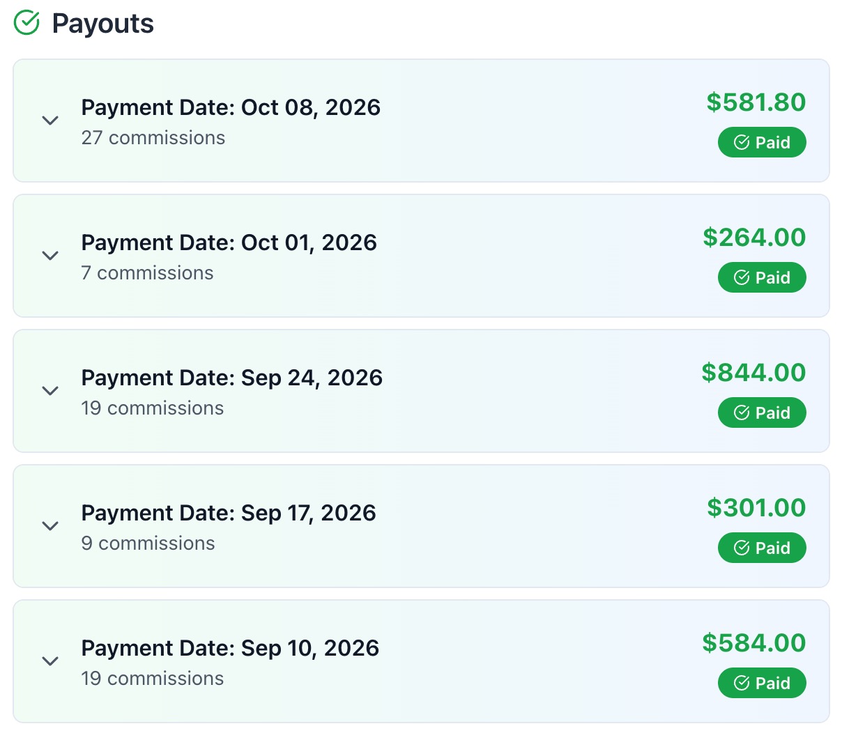 Rob Fore's HBA payouts screen showing five paid weekly payouts, each on a Thursday: 8 October, 1 October, 24 September, 17 September and 10 September 2026